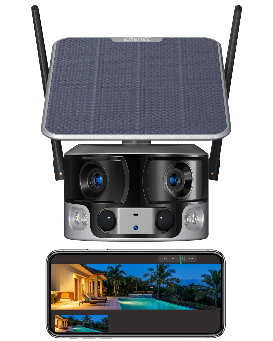 Güneş panelli, çift kameralı güvenlik sistemi ve telefon ekranında havuz manzarası. Anasayfa.